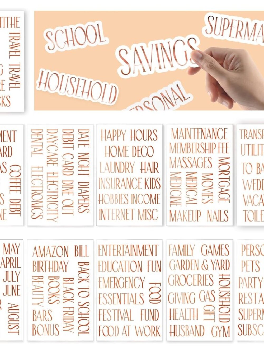 100 Rose Gold Budget Category Stickers - Clear Vinyl Planner Decals for Cash Env